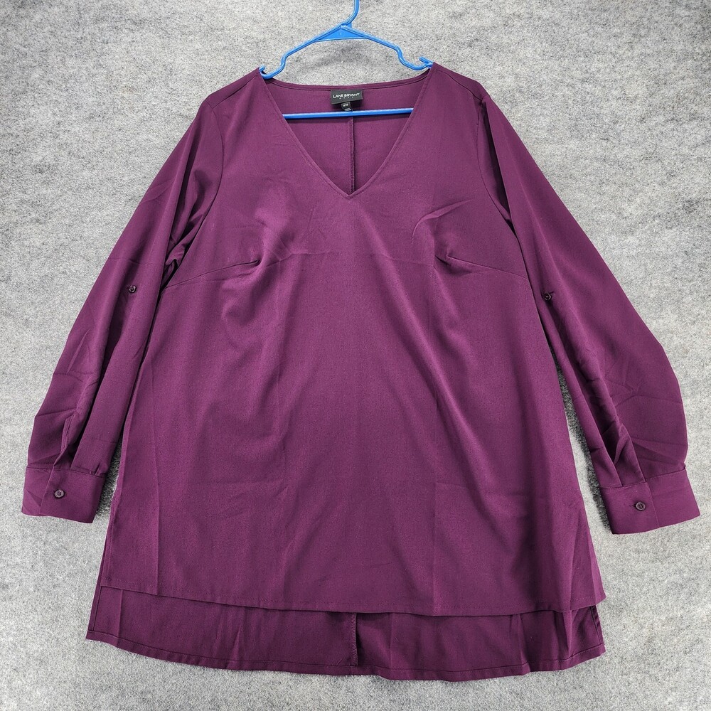 Lane Bryant Blouse Womens 14/16 V Neck Purple Roll Tab Sleeve